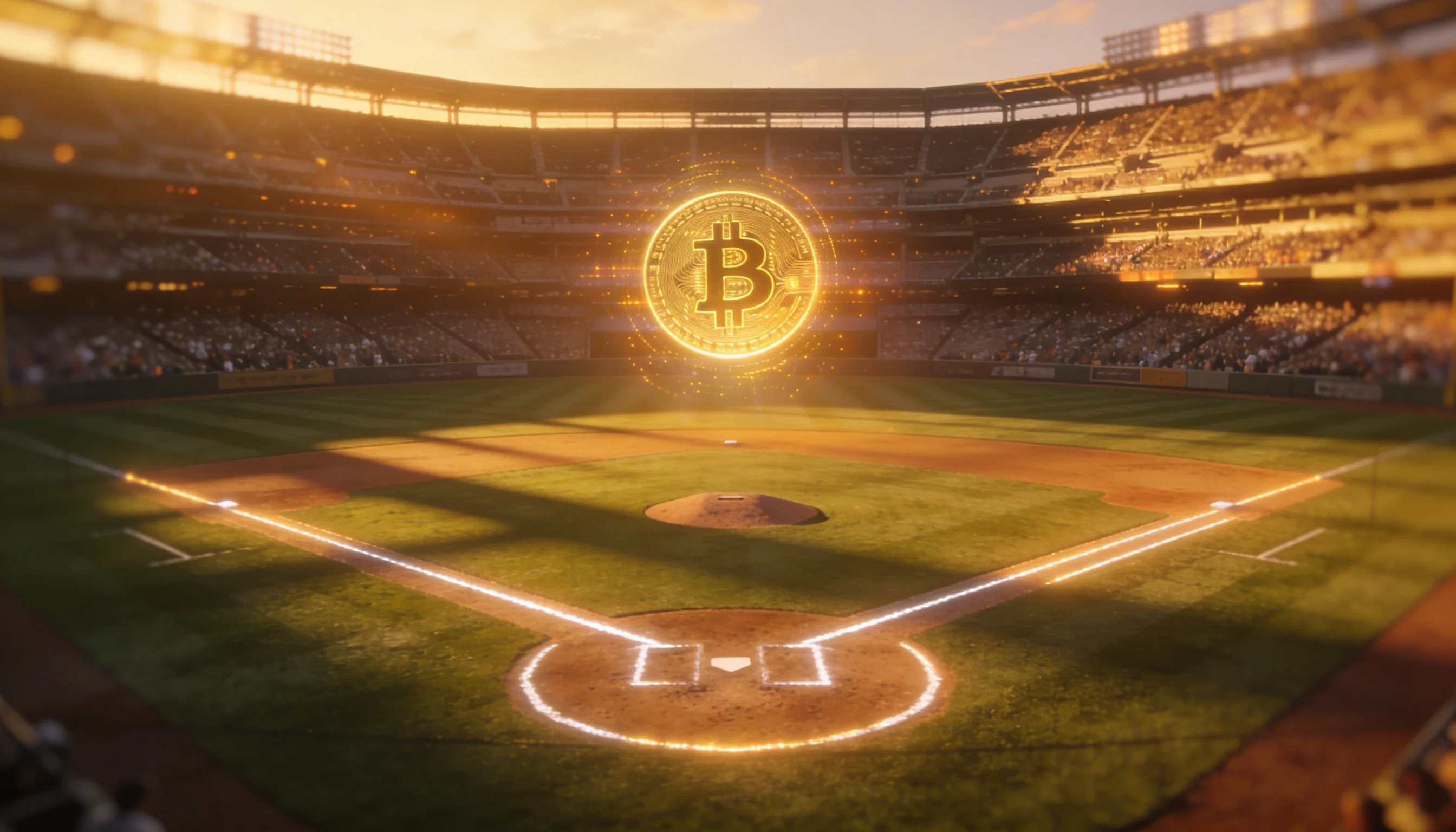 Baseball betting with Bitcoin — a stadium scene under evening lights with a baseball diamond and digital Bitcoin symbol