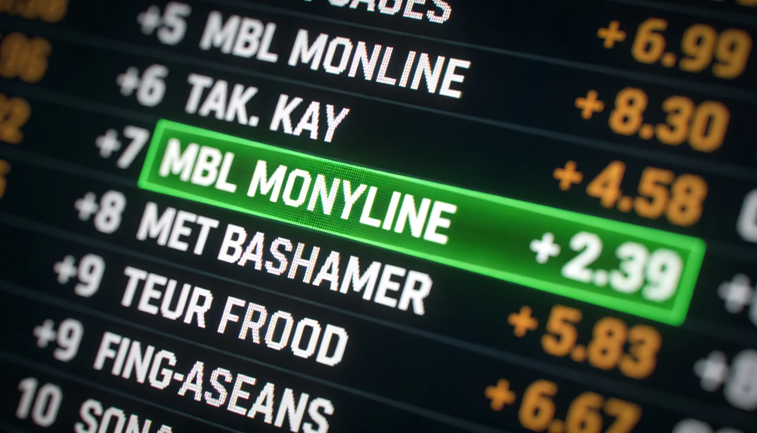 Close-up of a sportsbook odds board showing MLB moneyline prices with one underdog line highlighted in green