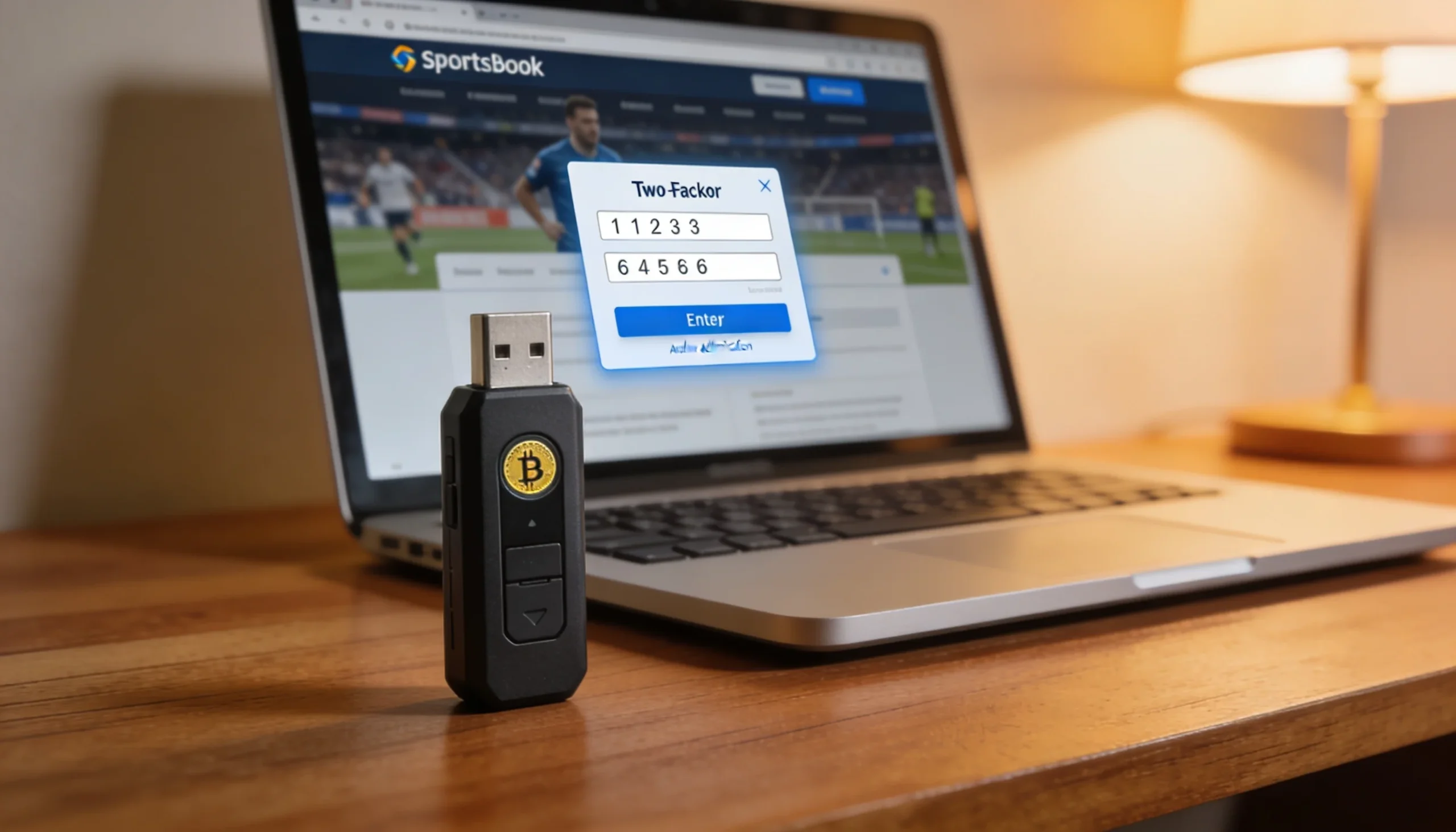 Hardware crypto wallet placed on a desk next to a laptop showing a sportsbook login screen with a two-factor authentication prompt