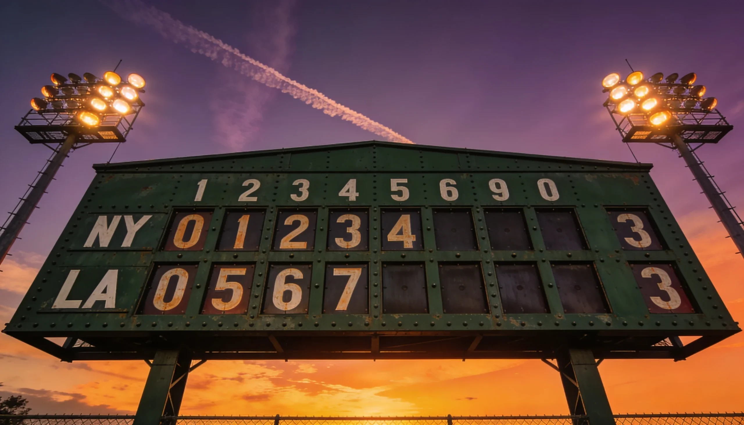 Close-up of an MLB scoreboard at a packed stadium with the evening sky behind it