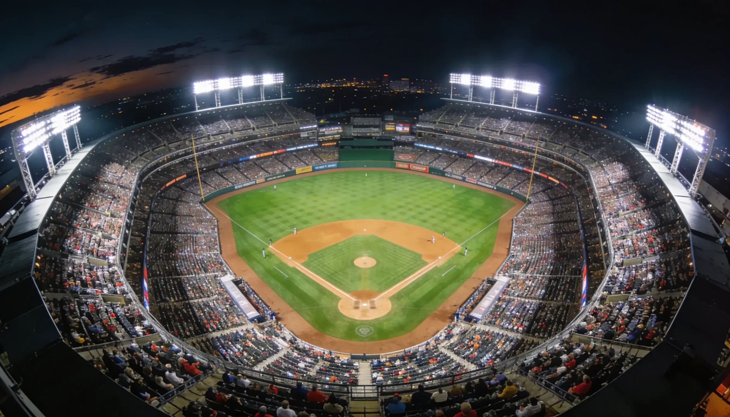 Packed baseball stadium at night during a postseason game with bright floodlights illuminating the diamond and a full crowd