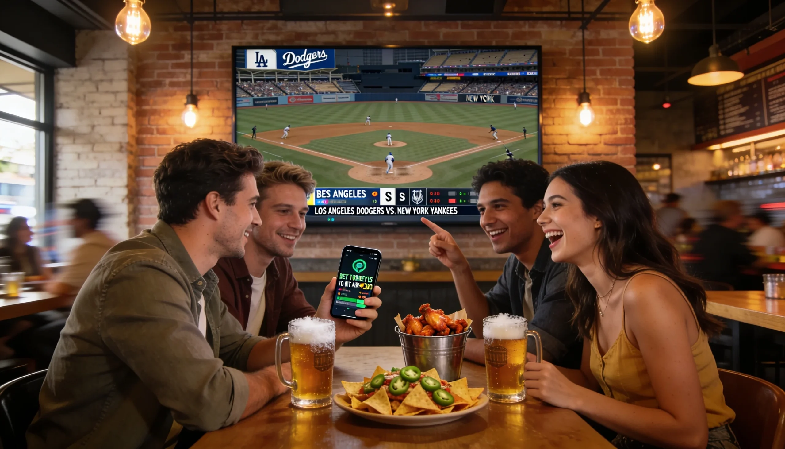 Diverse group of young adults watching a baseball game on a large screen in a modern sports bar while checking their smartphones