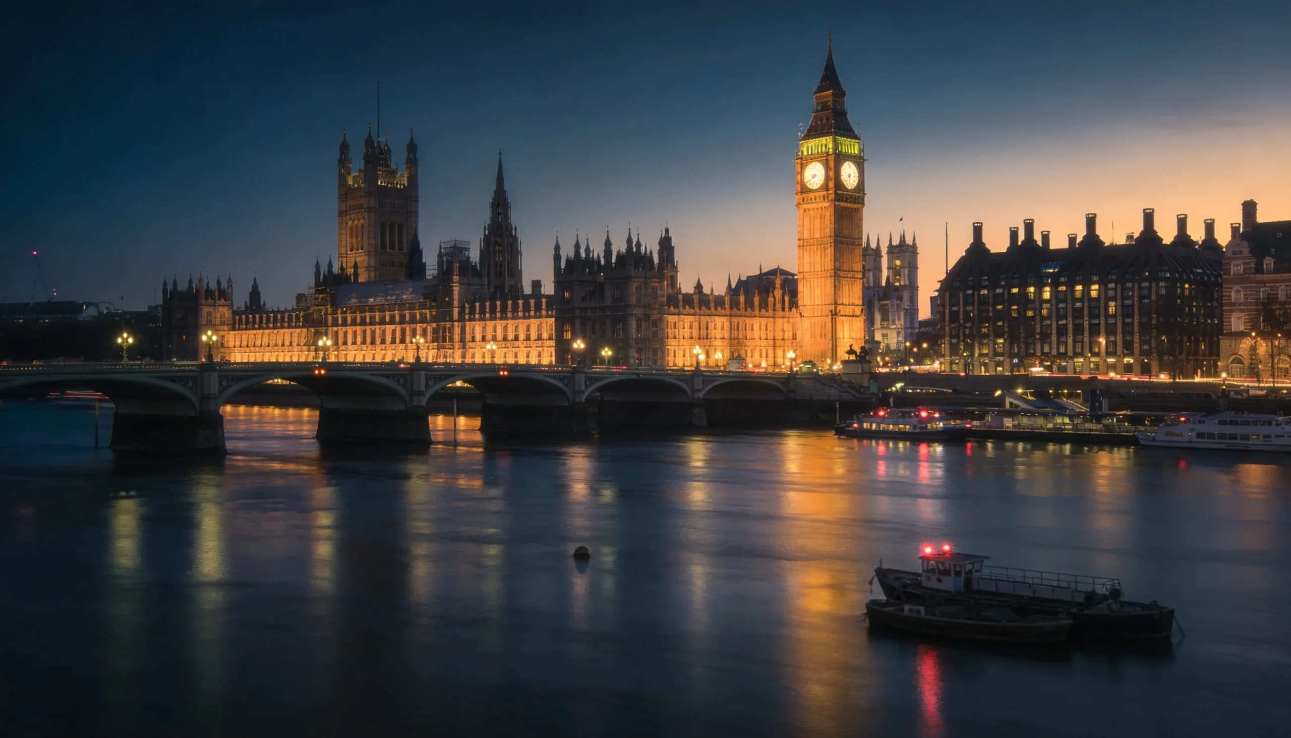 Westminster Parliament building viewed across the Thames at dusk with city lights reflecting on the water