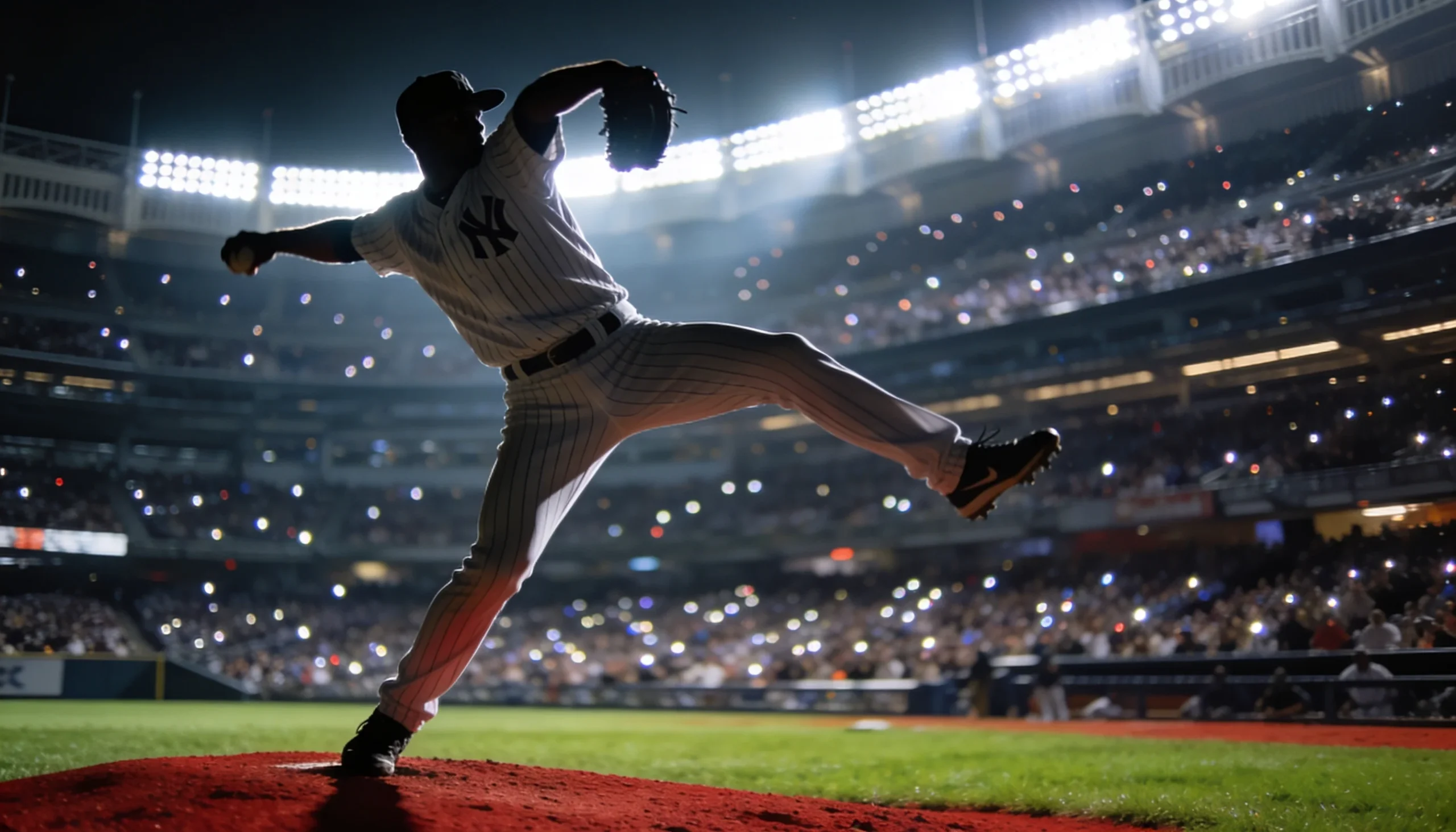 Baseball pitcher mid-delivery on the mound under bright stadium lights during an MLB night game