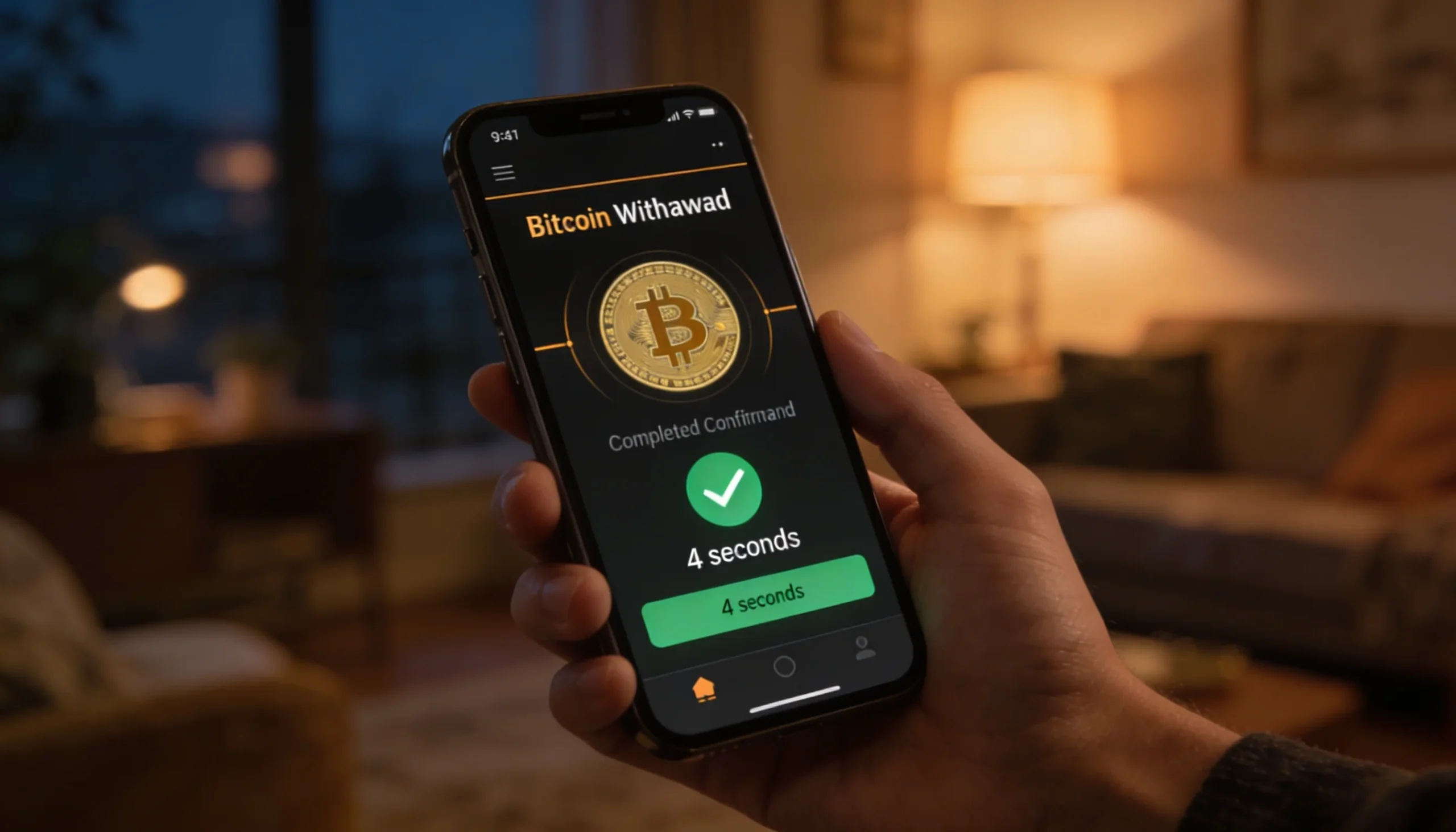 Smartphone displaying a completed Bitcoin withdrawal confirmation with a green checkmark and a short timer reading four seconds