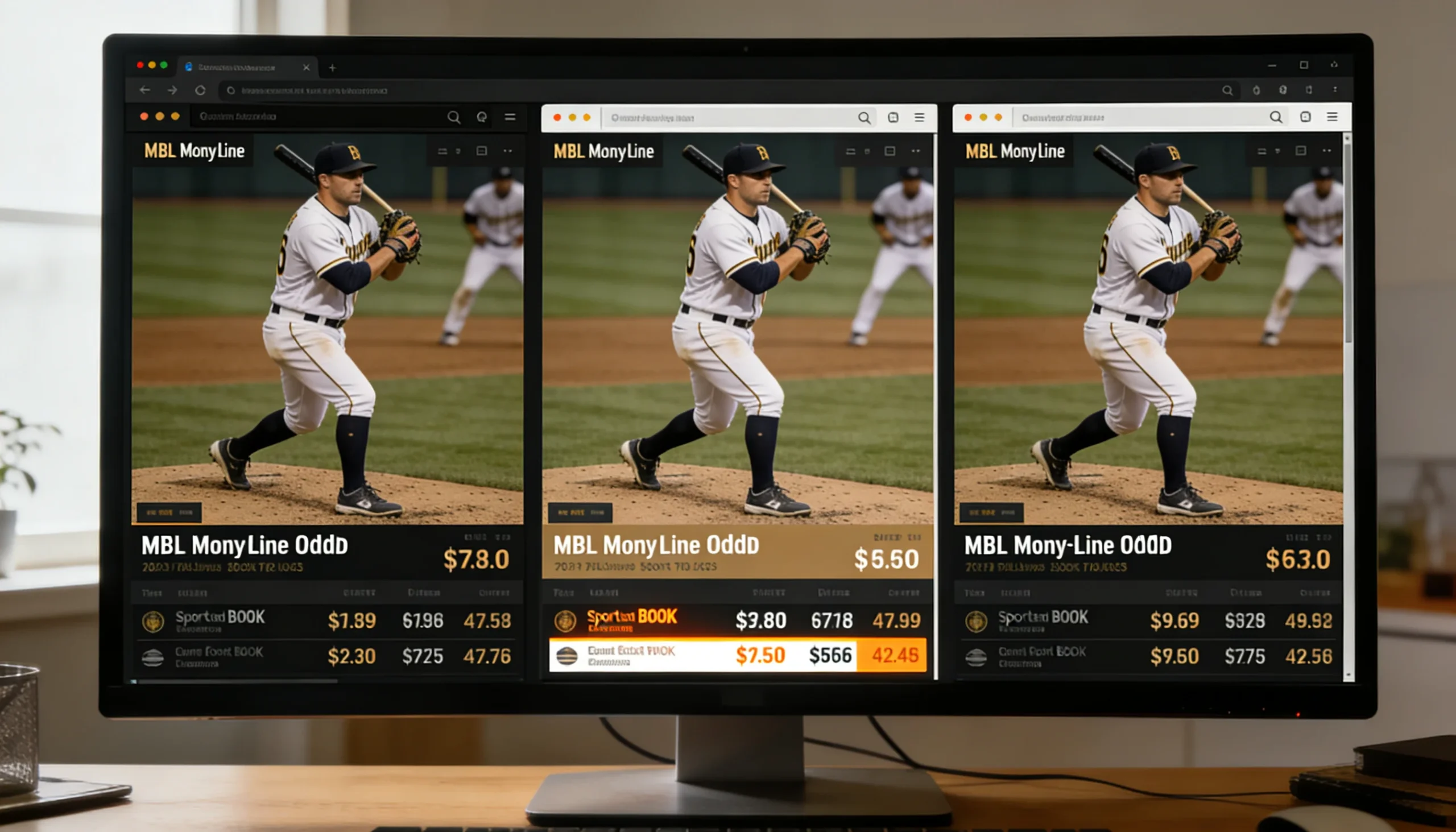 Desktop monitor showing three browser tabs side by side each displaying different MLB moneyline odds from different sportsbooks