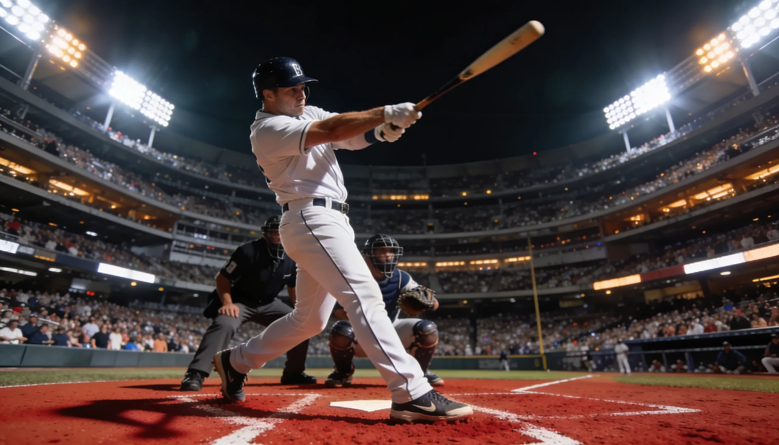 MLB batter at the plate under the floodlights with a packed stadium crowd in the background