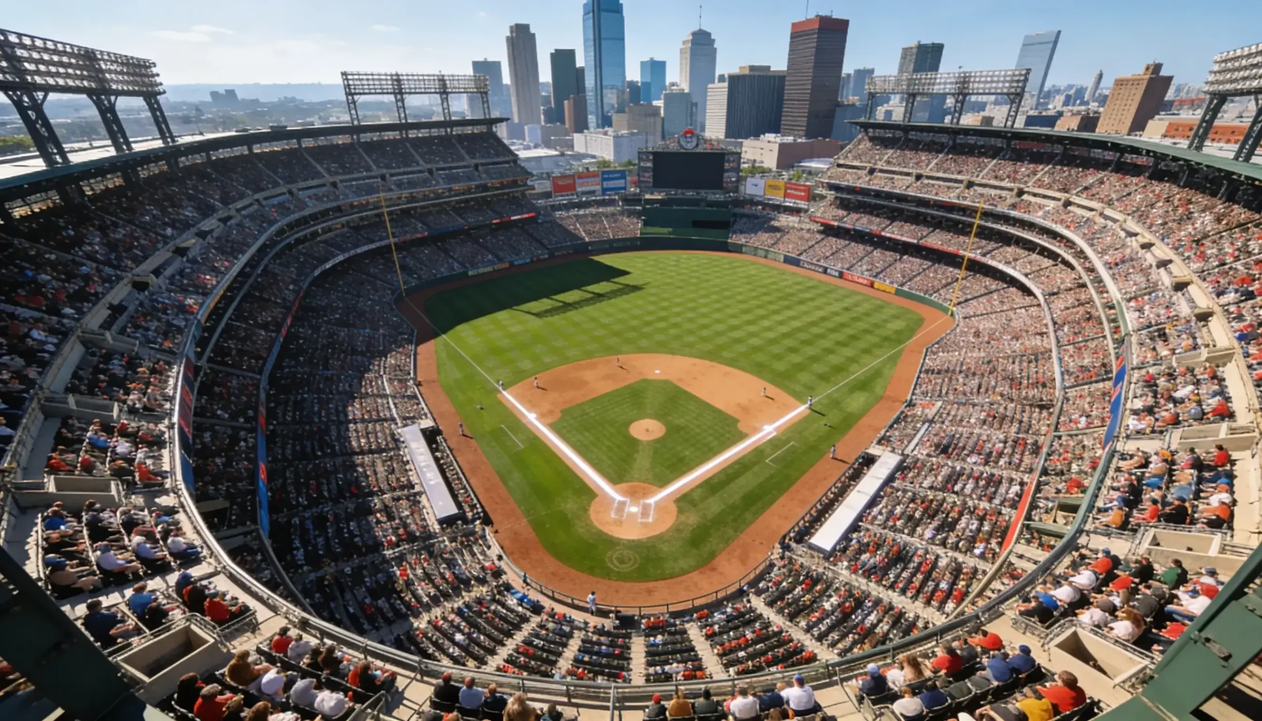 Aerial view of a packed Major League Baseball stadium on game day with a sellout crowd filling every section of seating