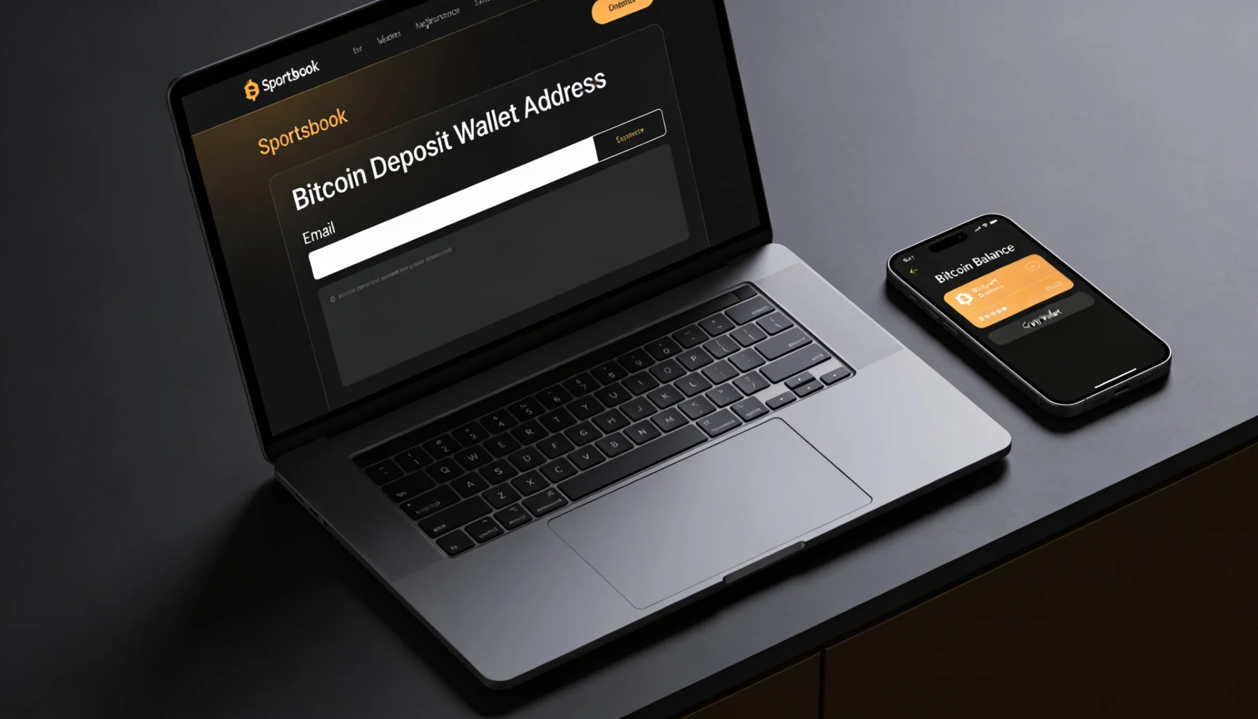 Laptop screen showing a simple sportsbook registration form with only an email field and a Bitcoin deposit address