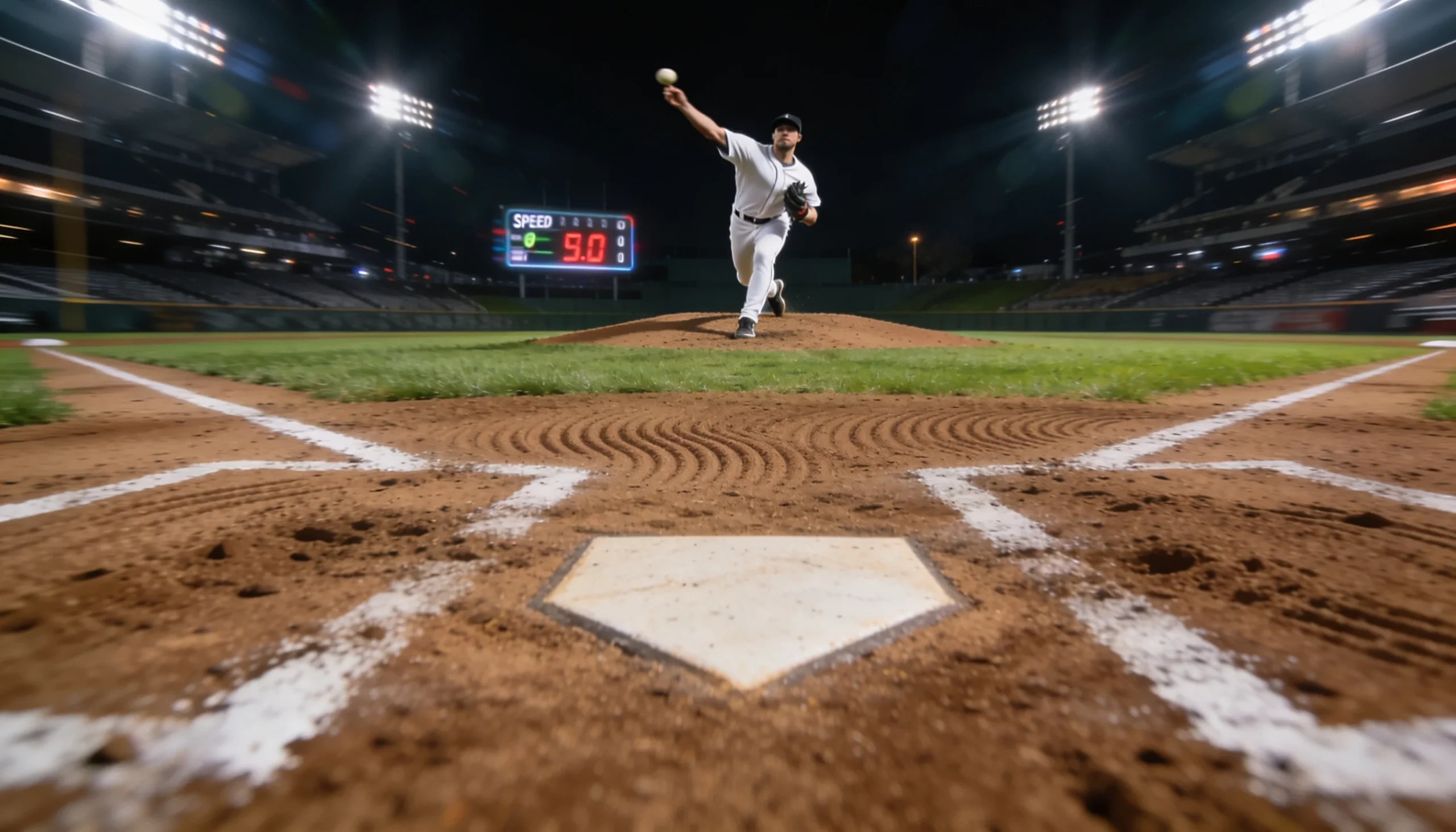 Baseball pitcher mid-delivery on a floodlit mound with a radar gun display showing pitch speed in the background